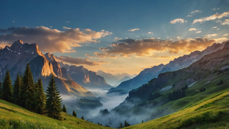 Mountain landscape in the Dolomites at sunrise, Italy.の写真素材