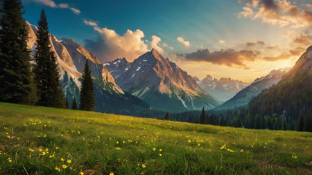 Panoramic view of alpine meadow with yellow flowers and snow-capped mountains at sunsetの写真素材