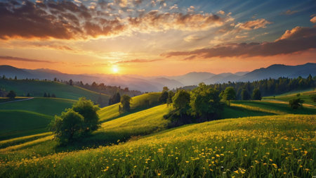 Beautiful sunset in the mountains. Landscape with meadow and forestの写真素材