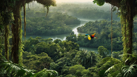 Beautiful blue-and-yellow macaw flying in the jungle