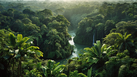 Tropical rainforest with a river in the background. Aerial view.