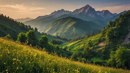 Sunset in the mountains. Landscape of the Caucasus Mountains.の写真素材