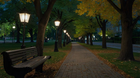 City park at night with benches, lanterns and trees in autumn