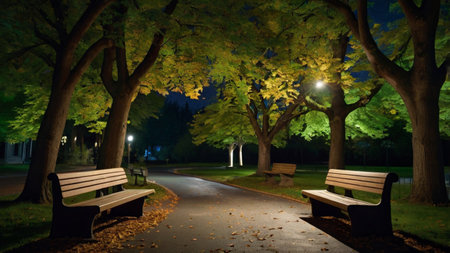 Autumn park at night with bench and row of trees with yellow leavesの写真素材