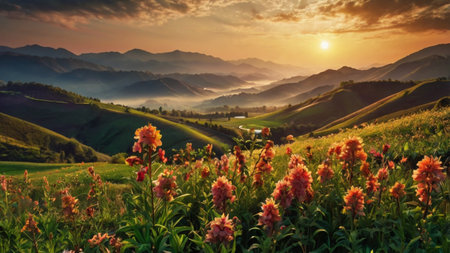 Beautiful sunrise in the mountains. Landscape with flowers.の写真素材