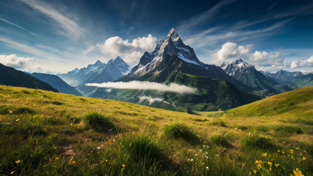 Panoramic view of Matterhorn and meadow in Zermatt, Switzerlandの写真素材