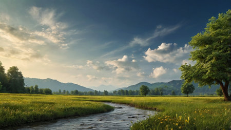 Beautiful landscape of meadow and mountain with blue sky background.の写真素材