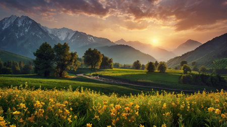 Sunset in the mountains. Beautiful summer landscape with meadow.の写真素材