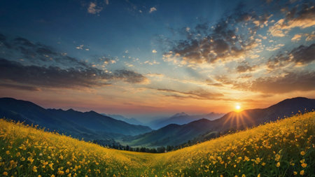 Sunset over the meadow with yellow flowers in the mountains.