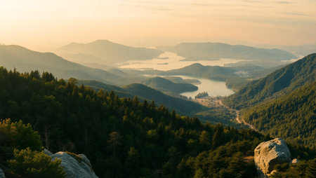 Mountain landscape with lake and forest at sunset. View from the top of the mountain.の写真素材