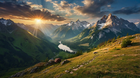 Panoramic view of the Alps at sunsetの写真素材