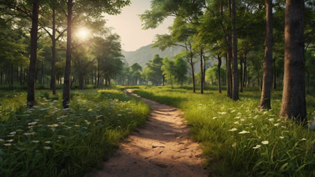 Sunset in forest with path and green grass. Nature background.