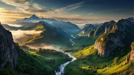 Mountain landscape with a river in the mountains. Panoramic view