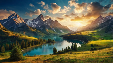 Panoramic view of the lake in the Swiss Alps at sunset