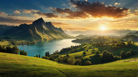 Panoramic view of the lake and mountains at sunset in summerの写真素材