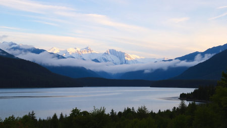 Mountains and lake in Jasper National Park, Alberta, Canada.の写真素材