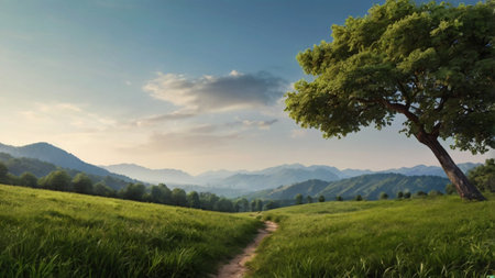 Beautiful summer landscape with a lonely tree in the foreground and mountains in the backgroundの写真素材