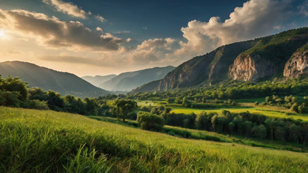 Beautiful summer landscape with green meadows and mountains at sunset.