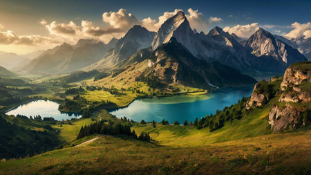 Panoramic view of the mountain lake in the Swiss Alps.の写真素材