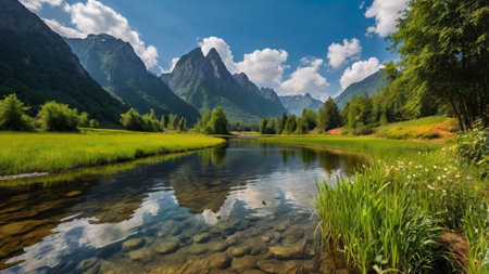 Panoramic view of the mountains and the river in the summer