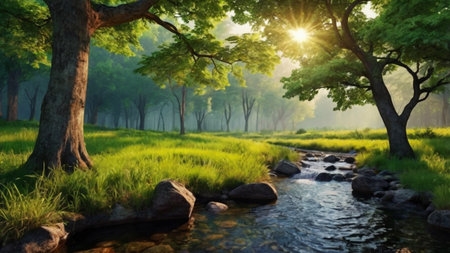 Beautiful landscape with river and sun in the misty forest.の写真素材