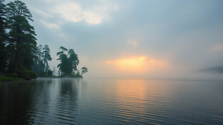 Lake in the fog at sunrise. Beautiful landscape of lake in the morning.の写真素材