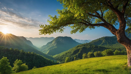 Beautiful summer landscape in the mountains. The sun is shining through the tree.の写真素材
