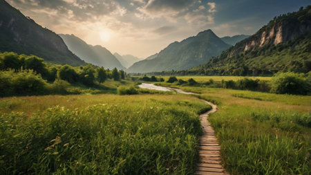 Mountain landscape with river and meadow at sunset in summer.の写真素材