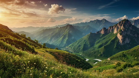 Panoramic view of the valley in the Caucasus mountains at sunsetの写真素材