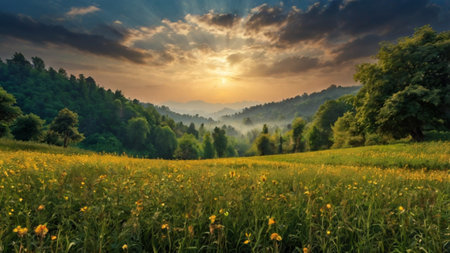 Sunset in the mountains. Panoramic view of meadow with yellow flowers.