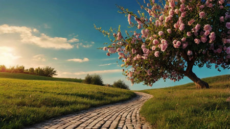 Spring landscape with blooming tree and stone road. Nature background.