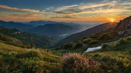 Sunset in the mountains, panoramic view of the valleyの写真素材