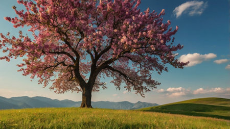Beautiful sakura tree on a green meadow with blue sky