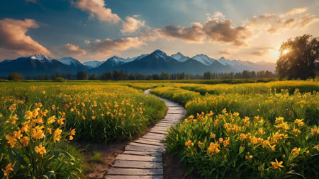 Sunset in the meadow with yellow daffodils and mountainsの写真素材