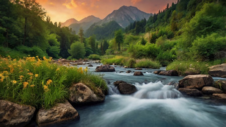 Mountain river in the mountains. Beautiful landscape with a mountain river.の写真素材
