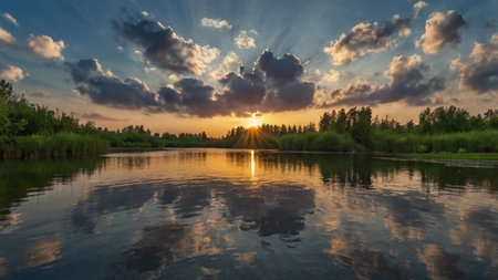 Sunset on the river with clouds reflected in the water, summer landscapeの写真素材
