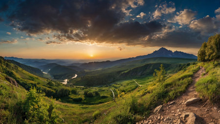 Panorama of the valley in the mountains at sunset. Carpathians, Ukraineの写真素材