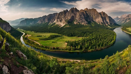 Panoramic view of the mountain lake in the mountains. Beautiful summer landscape.の写真素材