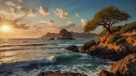 Tropical beach at sunset, Sri Lanka. Panoramic viewの写真素材