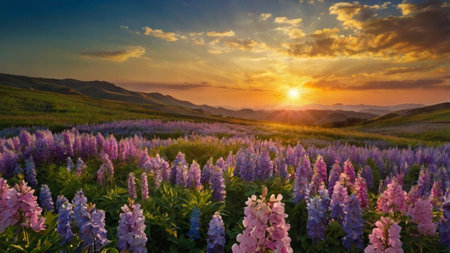Sunset over lupine field. Beautiful summer landscape with flowers.