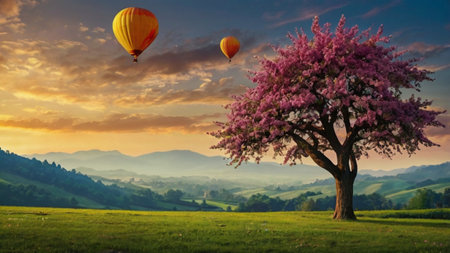Beautiful spring landscape with blooming tree and hot air balloons.