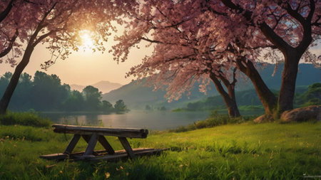 Cherry blossoms and picnic table on the bank of the riverの写真素材