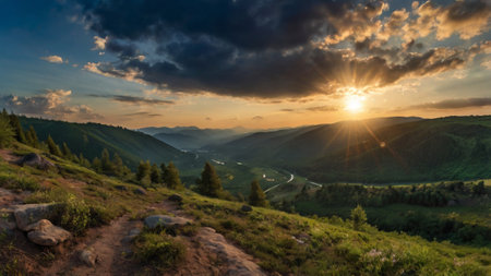 Panoramic view of the Carpathian mountains at sunset.の写真素材