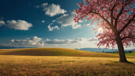 Beautiful cherry blossom tree on the field. Spring landscape.