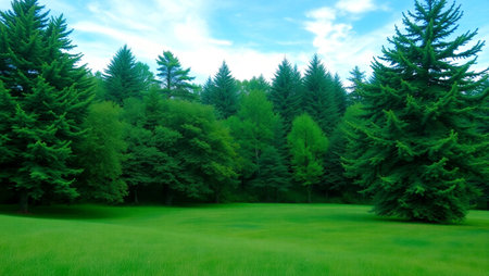 Beautiful landscape of green meadow and pine trees in the forestの写真素材