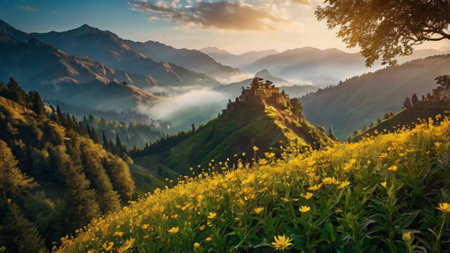 Sunset at the top of the mountain with yellow flowers in the foregroundの写真素材