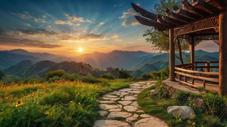 Sunset in the mountains of China. Panoramic view.の写真素材
