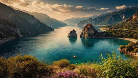 Panoramic view of Lake Garda in Lombardy, Italyの写真素材