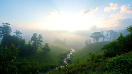 Foggy morning in the valley,Mae Hong Son,Thailandの写真素材