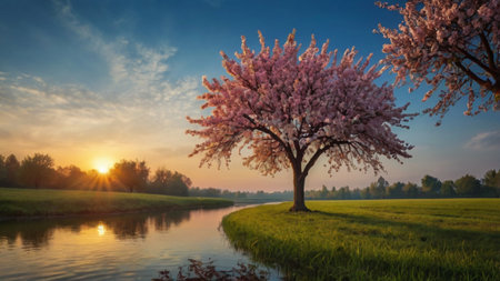 Cherry blossoms at sunset in spring. Panoramic image.の写真素材